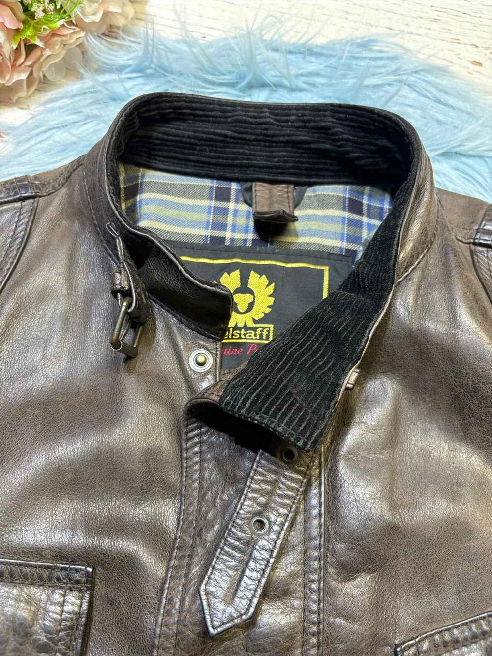 Belstaff Brown Leather Belted Military Field Motorcycle Jacket sz XL